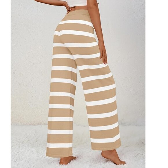 Zesica Pants - Comfy High Waist Wide Leg Knit Lounge Pants Tan White Striped Women M